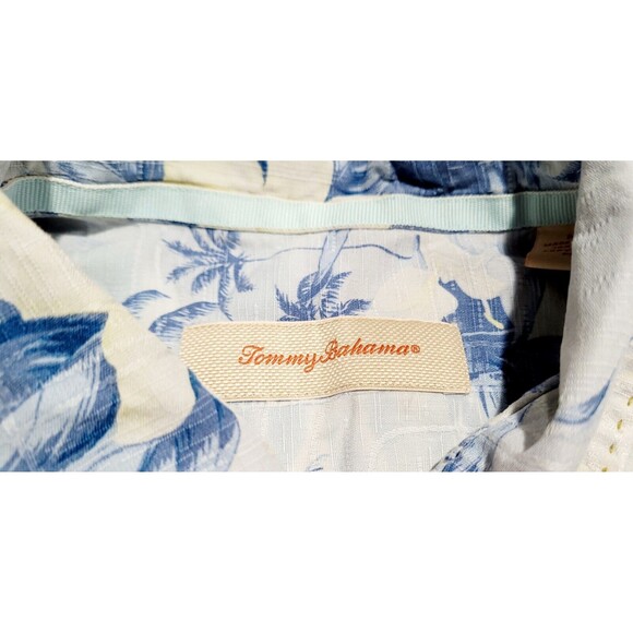 TOMMY BAHAMA Original Fit 100% Silk Sky Blue White Hawaiian Tropical Shirt NWOT - Picture 10 of 12